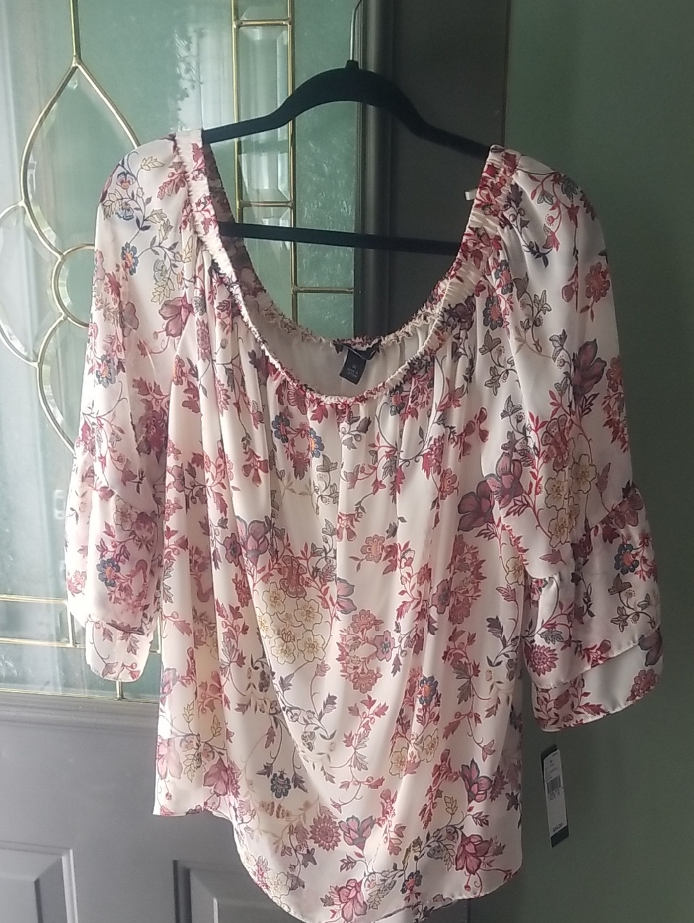 AGB Women's Floral Off-Shoulder Blouse - Cream with Red  Floral Print